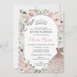 Elegantes Rosa Florales Kleid Silber Quinceañera Einladung