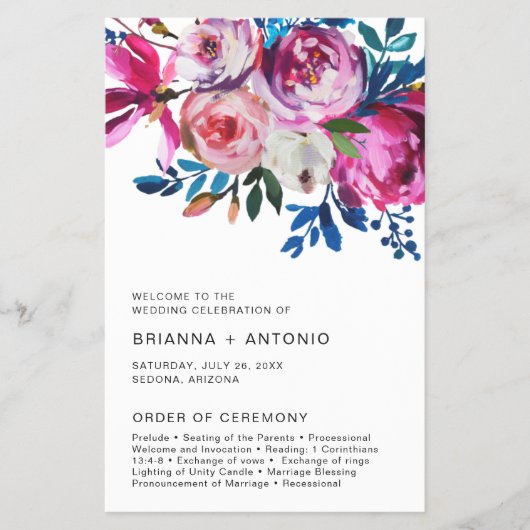 Elegantes, rosa florales, modernes Hochzeitsprogra Flyer (Vorne)