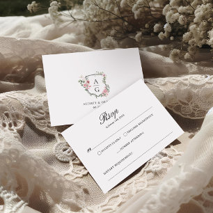 Elegantes rosa, florales Monogramm-Wappen RSVP Karte