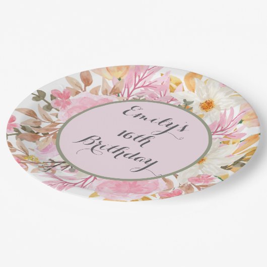 Elegantes, rosa, florales Party Pappteller (Schrägansicht)