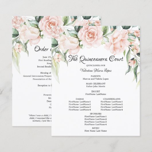 Elegantes rosa, florales Quinceanera-Programm (Vorne/Hinten)
