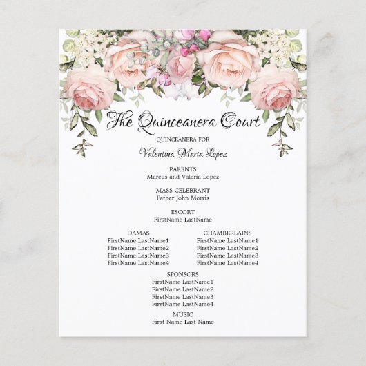 Elegantes rosa, florales Quinceanera-Programm (Vorderseite)