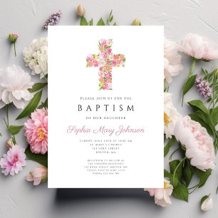 Elegantes rosa florales religiöses Kreuz Taufe Einladung