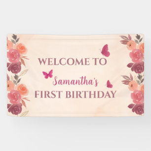 Elegantes Rosa Florales Schmetterlings 1. Geburtst Banner
