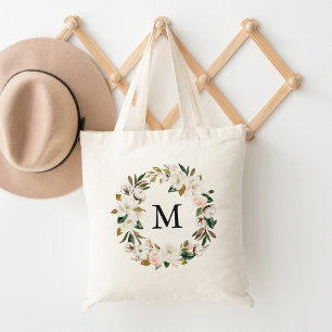 Elegantes Rosa Florales und Weiße Magnolien Monogr Tragetasche
