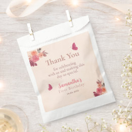 Elegantes Rosa Florales Wasserfarben 1. Geburtstag Geschenktütchen