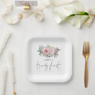 Elegantes Rosa Florals 21. Geburtstag Party Pappteller