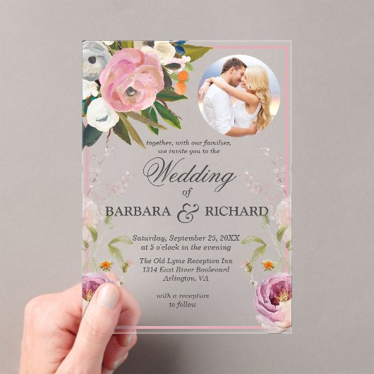 Elegantes Rosa Foto Blumenwasser Hochzeit Acryleinladungen (Insitu (Handheld))