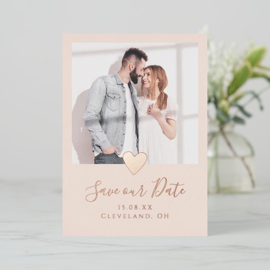 Elegantes rosa Foto Save the Date Real Rose Gold Folieneinladung (Stehend vorne)