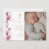 Elegantes rosa Foto Taufe Christening Dankeskarte (Vorderseite)