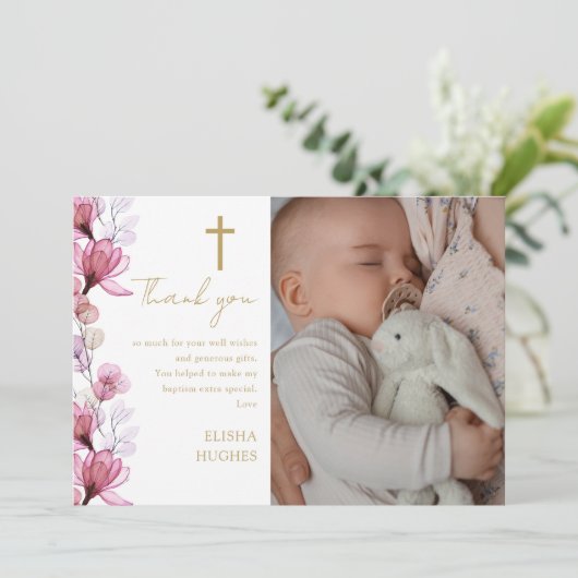 Elegantes rosa Foto Taufe Christening Dankeskarte (Stehend Vorderseite)