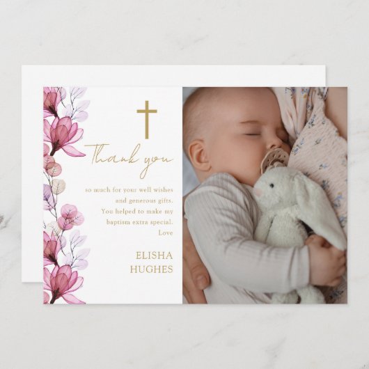 Elegantes rosa Foto Taufe Christening Dankeskarte (Vorne/Hinten)