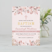 Elegantes rosa Foto Taufe Folieneinladung (Stehend vorne)