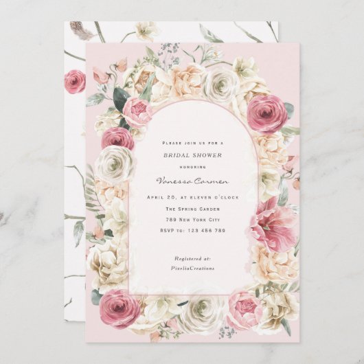 Elegantes, rosa Frühlingsgarten Brautparty Einladung (Vorne/Hinten)