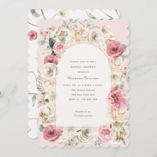 Elegantes, rosa Frühlingsgarten Brautparty inv Einladung (Vorne/Hinten)