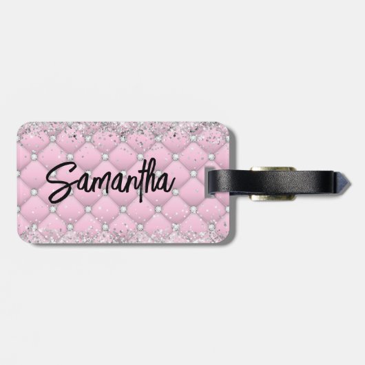 Elegantes rosa funkelnd Glitzer Monogramm Gepäckanhänger (Rückseite horizontal)