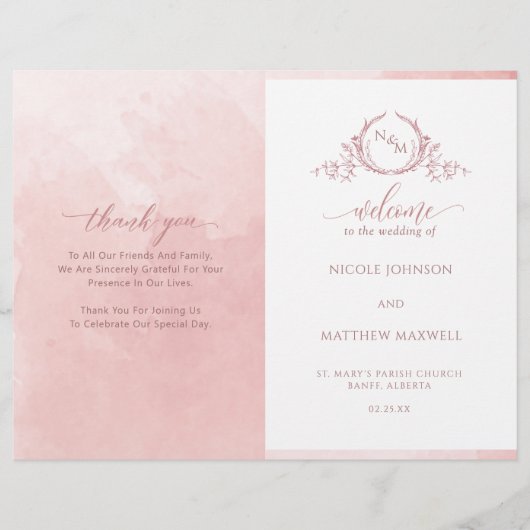 Elegantes, rosa gefaltetes Hochzeitsprogramm (Vorderseite)