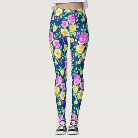 Elegantes rosa, gelbes Rosenmuster Leggings (Vorderseite)