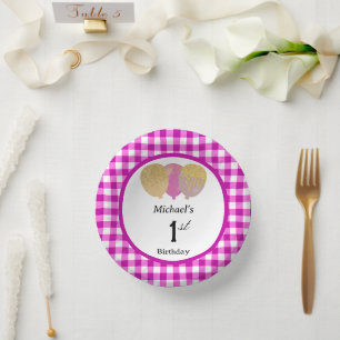 Elegantes Rosa Gingham & Luftballons 1. Geburtstag Pappteller