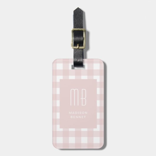 Elegantes rosa Gingham-Monogramm Gepäckanhänger (Vorderseite vertikal)