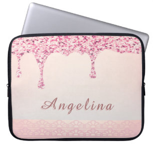 Elegantes Rosa Glam Glitzer Tropfen Lace Brautpart Laptopschutzhülle