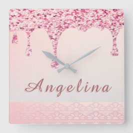 Elegantes Rosa Glam Glitzer Tropfen Lace Brautpart Quadratische Wanduhr