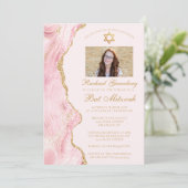 Elegantes Rosa Gold Agate Bat Mitzvah Foto Party Einladung (Stehend Vorderseite)