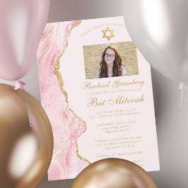 Elegantes Rosa Gold Agate Bat Mitzvah Foto Party Einladung