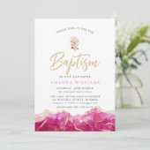 Elegantes Rosa Gold Agate mit Kreuz | Taufe Einladung (Stehend Vorderseite)