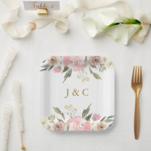 Elegantes Rosa Gold Blumen Monogramm Hochzeit Pappteller