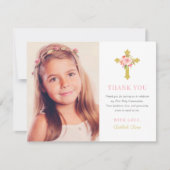 Elegantes Rosa Gold Floral First CommunityFoto Dankeskarte (Vorderseite)
