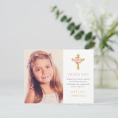 Elegantes Rosa Gold Floral First CommunityFoto Dankeskarte (Stehend Vorderseite)