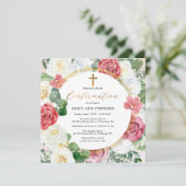 Elegantes Rosa | Gold Floral Frame Girl Confirmati Einladung (Stehend Vorderseite)