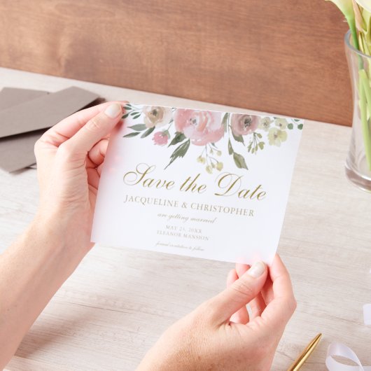 Elegantes Rosa Gold Floral Save the Date Pergament Einladungen (Handgehalten)