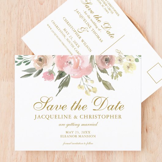 Elegantes Rosa Gold Floral Save the Date Postkarte