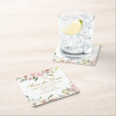 Elegantes Rosa Gold Floral Save the Date Rechteckiger Pappuntersetzer (Vor Ort)