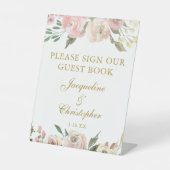 Elegantes Rosa Gold Floral Wedding Guest Book Sign Sockelschild (Vorderseite)