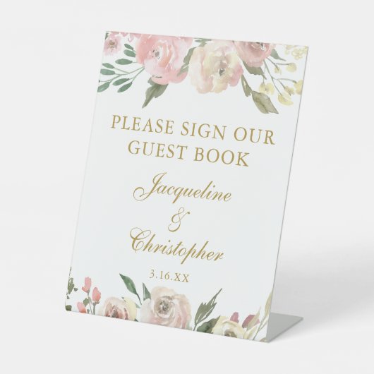 Elegantes Rosa Gold Floral Wedding Guest Book Sign Sockelschild (Vorderseite)