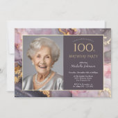 Elegantes Rosa Gold Foto 100. Geburtstag Einladung (Vorderseite)