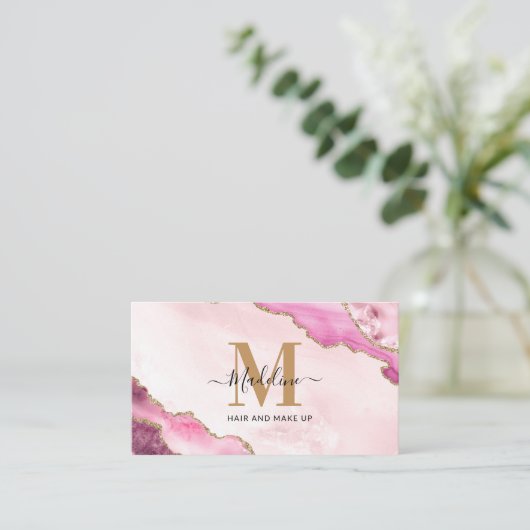 Elegantes Rosa Gold Glitzer Agate Marble Monogramm Visitenkarte (Stehend Vorderseite)