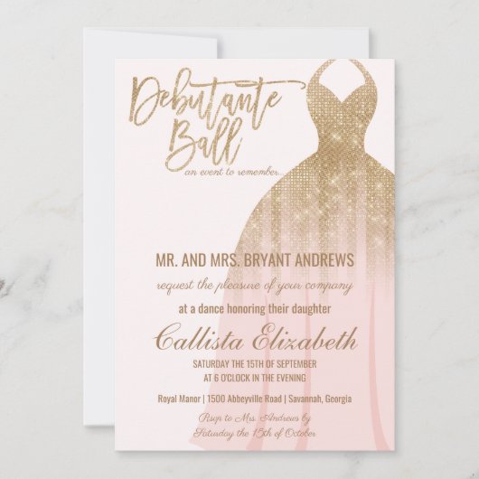 Elegantes Rosa Gold Glitzer Dress Debutante Dance Einladung (Vorderseite)