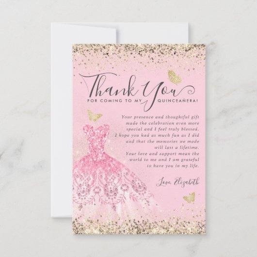 Elegantes Rosa Gold Glitzer Kleid Quinceanera Dankeskarte (Vorderseite)