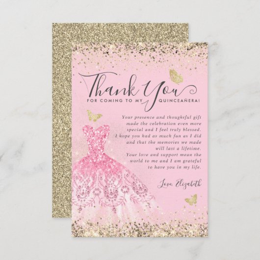 Elegantes Rosa Gold Glitzer Kleid Quinceanera Dankeskarte (Vorne/Hinten)