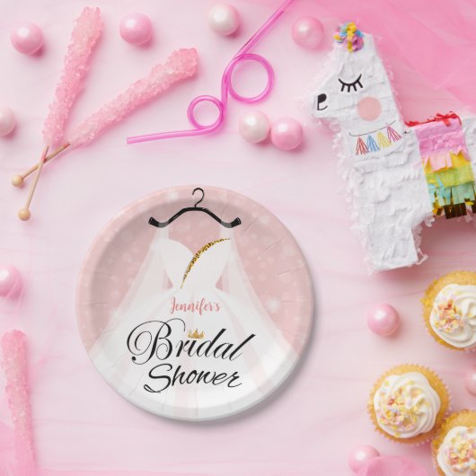 Elegantes Rosa & Gold Hochzeitskleid Brautparty Pappteller (Party)