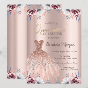 Elegantes Rosa-Gold-Kleid Florale Quinceañera Einladung