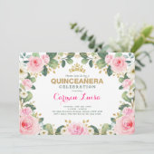 Elegantes rosa Goldblumengrün Quinceanera Einladung (Stehend Vorderseite)
