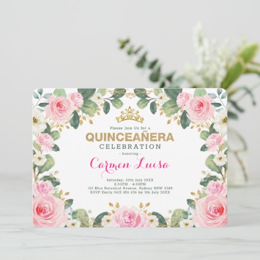 Elegantes rosa Goldblumengrün Quinceanera Einladung (Stehend Vorderseite)