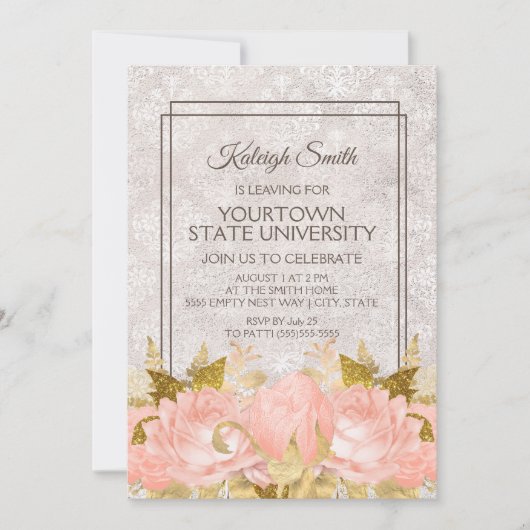 Elegantes rosa goldblütenfarbenes Elfenbein Damask Einladung (Vorderseite)