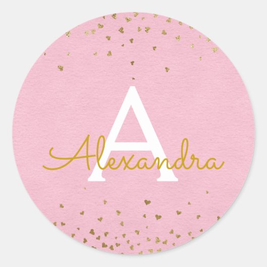 Elegantes Rosa - Goldenes Foil Confetti Monogramm Runder Aufkleber (Vorderseite)