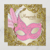 Elegantes Rosa Goldmaske Masquerade Party Einladung (Vorne/Hinten)